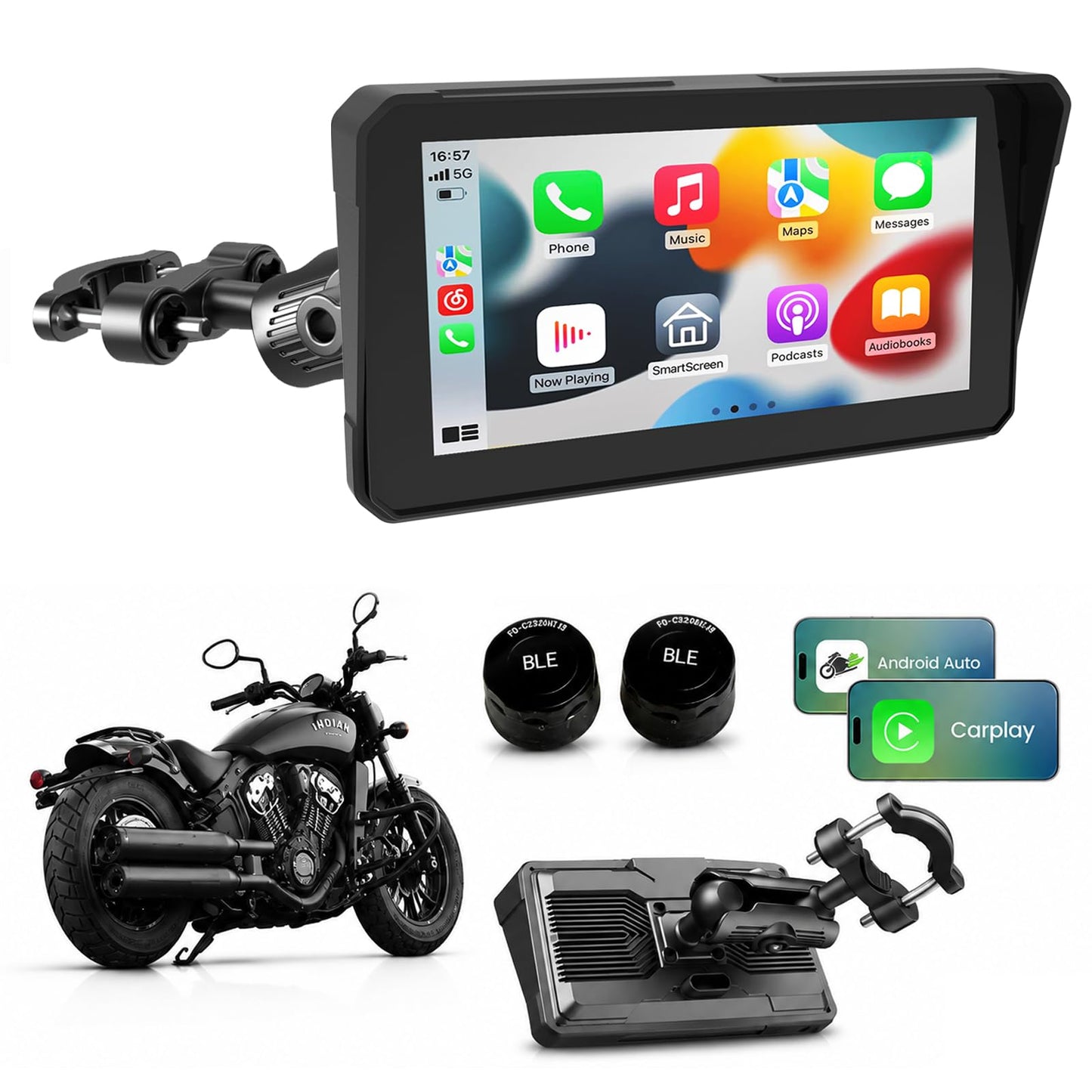 7-Inch Motorcycle CarPlay with TPMS, Apple CarPlay & Android Auto, Portable Display, Dual Bluetooth, Motorcycle Mount Included 7in
