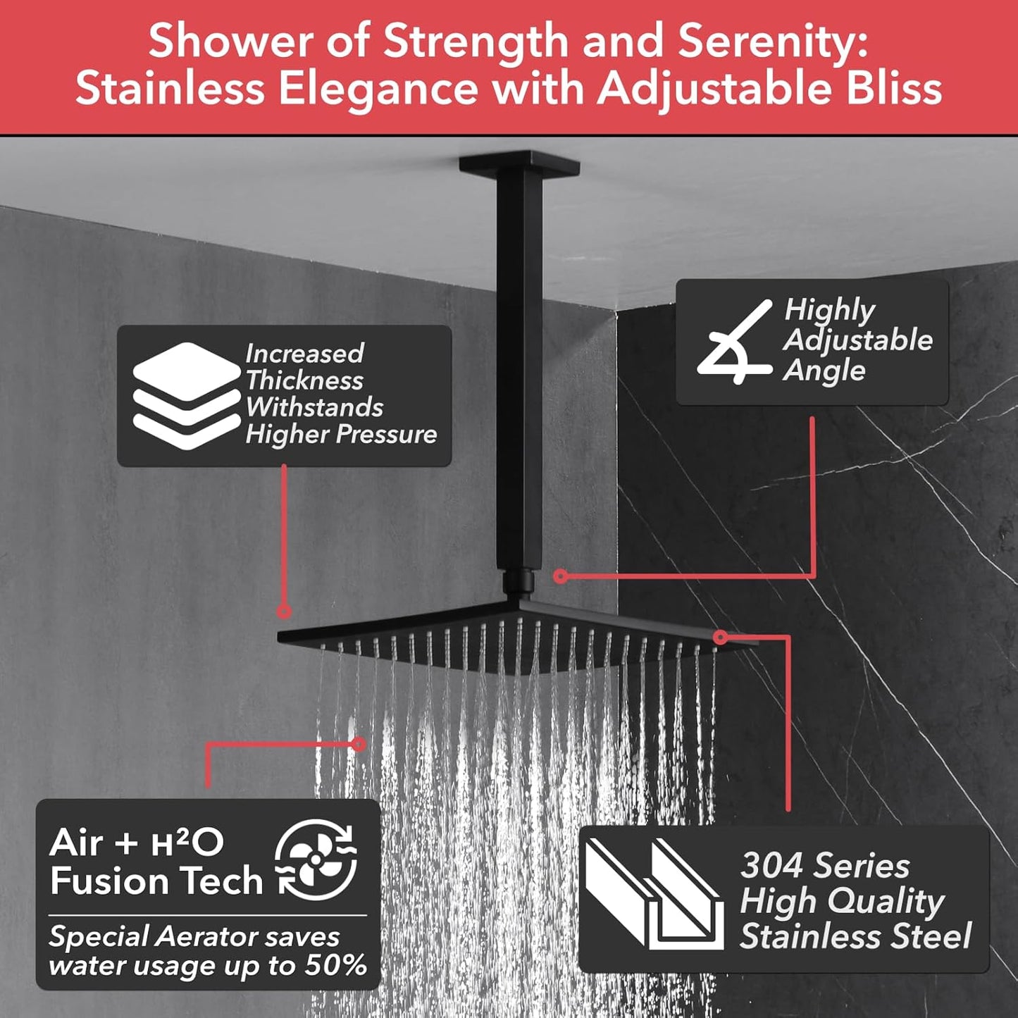 Comprehensive Shower System, Matte Black, 2 Shower Heads, Handheld, 4 Auxiliary Heads, 1913P4C-06Y8