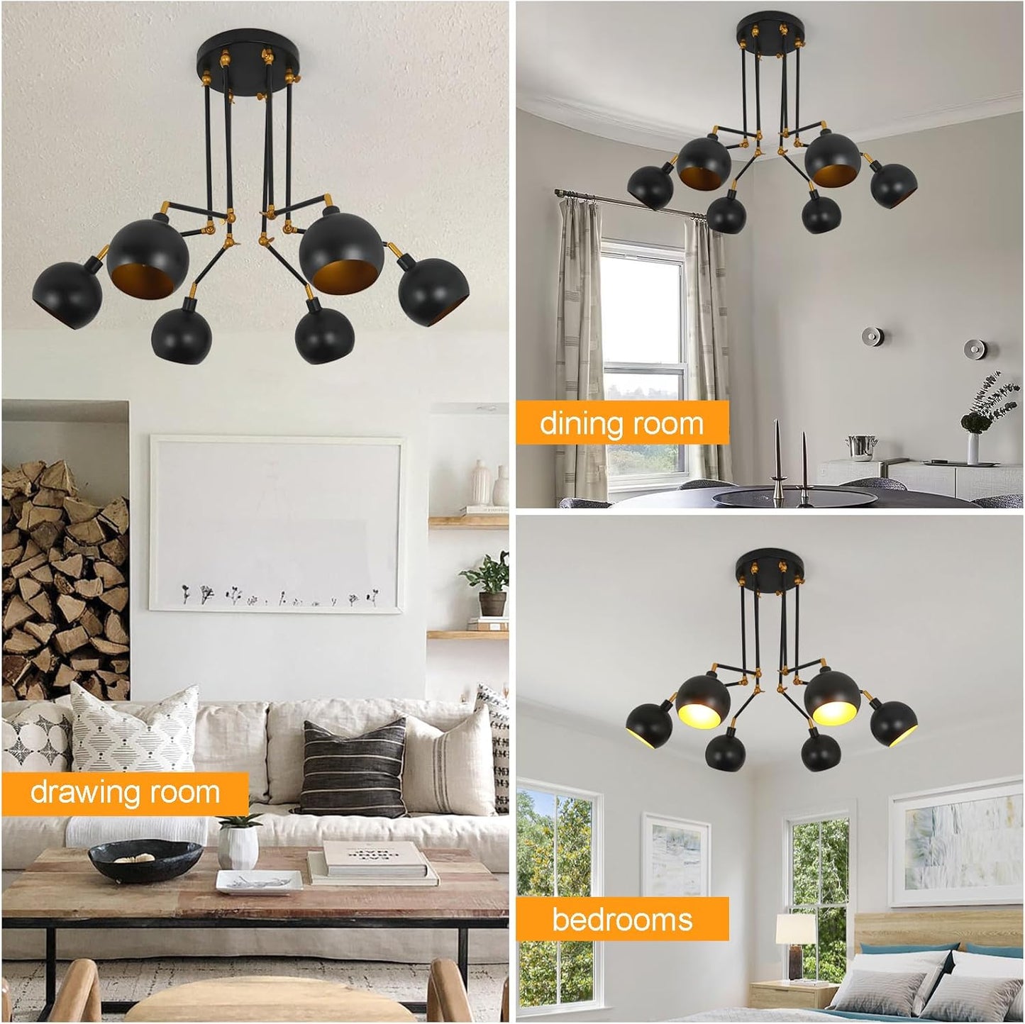 TANIN Modern Sputnik Chandelier 6-Light Semi Flush Mount Ceiling Lights Fixture, Octopus Design Black Indoor Lighting with 180Adjustable Arm