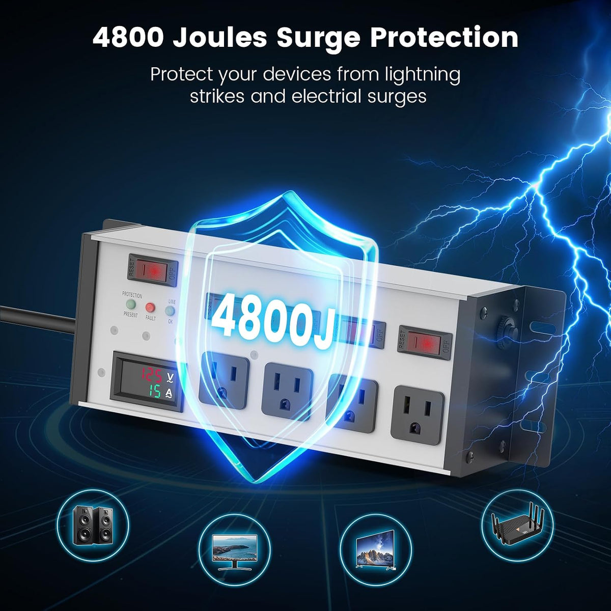 JUNNUJ EMI/RFI Filter Surge Protector, with Digital Display, 6 FT, Silver