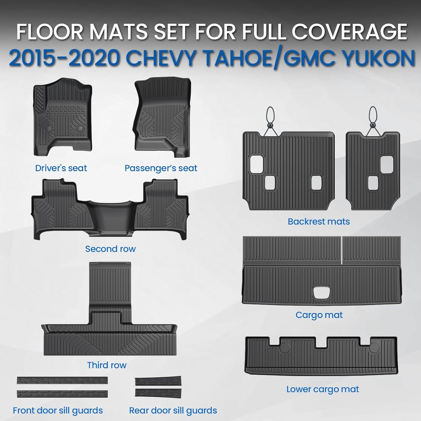 Floor Mats Set for 2015-2020 Chevrolet Chevy Tahoe/GMC Yukon 7 Seat (Not fit Yukon XL), All Weather TPE Cargo Liner Backrest Mat Trunk Mat Door Sill Guards Accessories