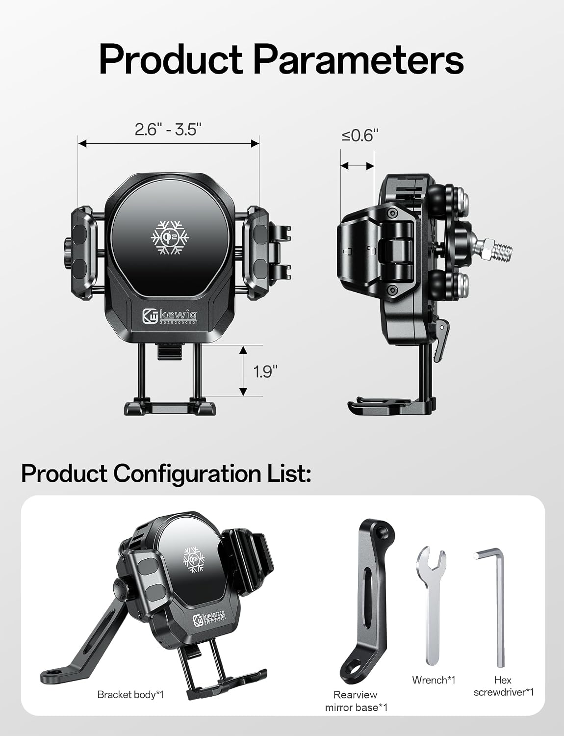 Kewig All Metal Motorcycle Cooling Phone Mount with Wireless & PD Charger | Qi2 15W & USB-C 36W, with Vibration Dampener, 1S Locking Motorcycle Rear-View Mirror Cellphone Holder for 5.4-7.2" Smartphone