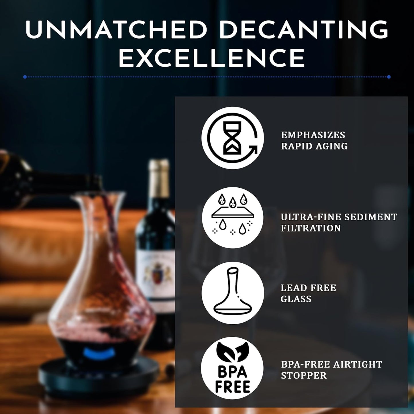 Bevage Pro Electronic Wine/Spirits Aging and Decanting Liquor Decanter by Bevage - Lead-Free Glass Decanter, Cork Catcher, USB-C Battery, Glass