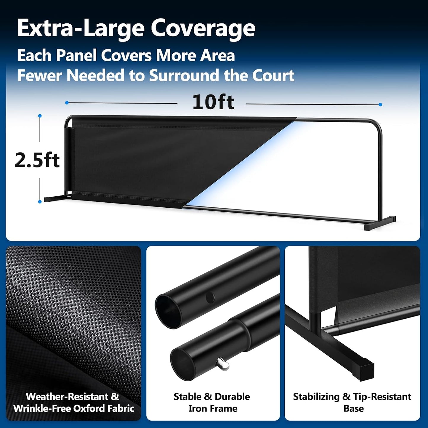 Pickleball Court Dividers, 3 Extra-Large Ball Barrier Panels-10×2.5 ft Each, Portable Pickleball Baffle Barrier to Block Stray Balls, Pickleball Field Fence (Upgrade All-Black, 3)