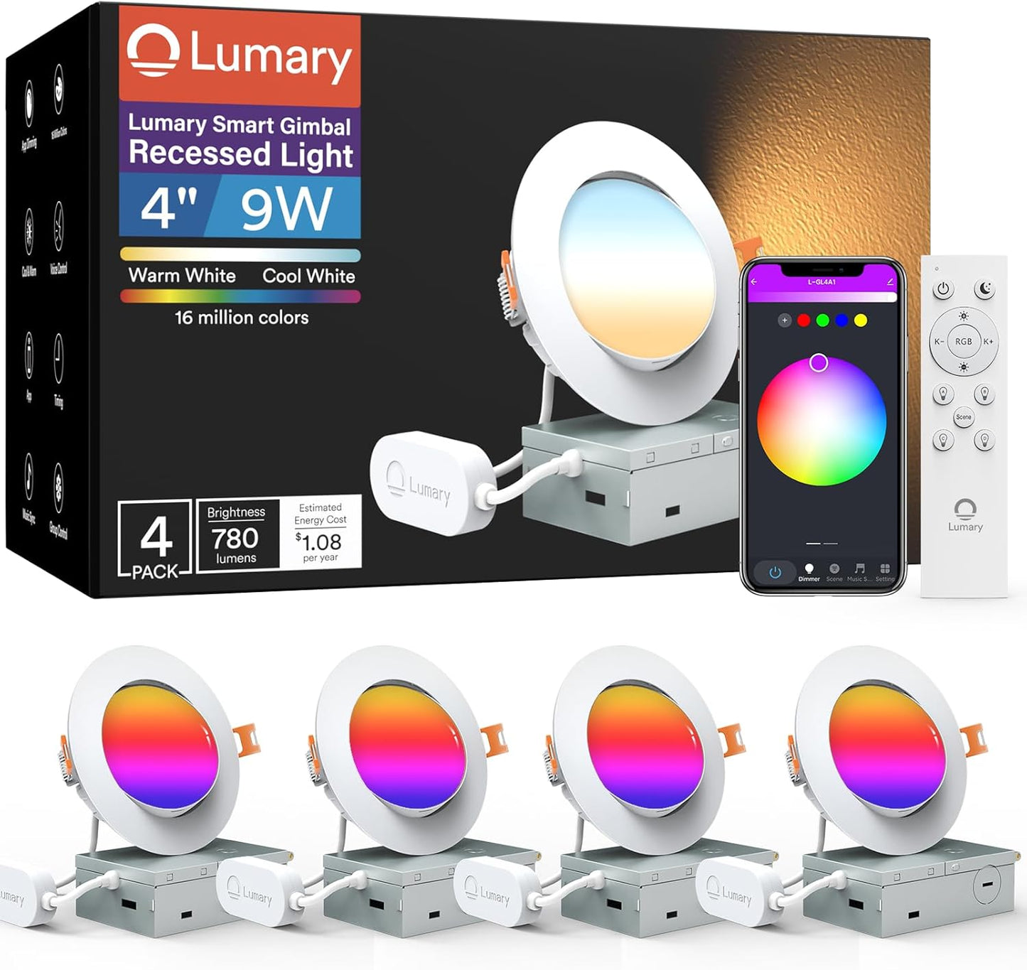 Lumary Smart Gimbal Recessed Lighting 4 Inch Max, 2.4GHz Wi-Fi Led Recessed Lights, CCT 2700K-6500K & RGB Downlight, Canless Color Changing lights,