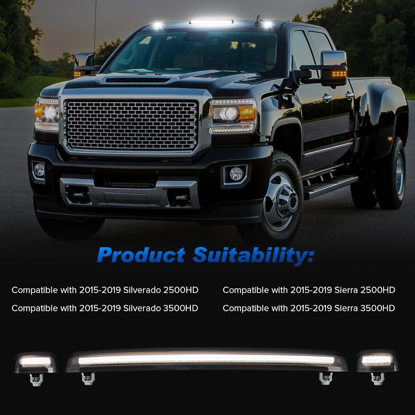 LED Cab Roof Marker Lights Compatible with 2015 2016 2017 2018 2019 Silverado Sierra 2500HD 3500HD, Top Cab Clearance Lights for Pickup Trucks, Smoked Len White Light C | 2015-2019 Silverado Sierra | White Light Smoked Len