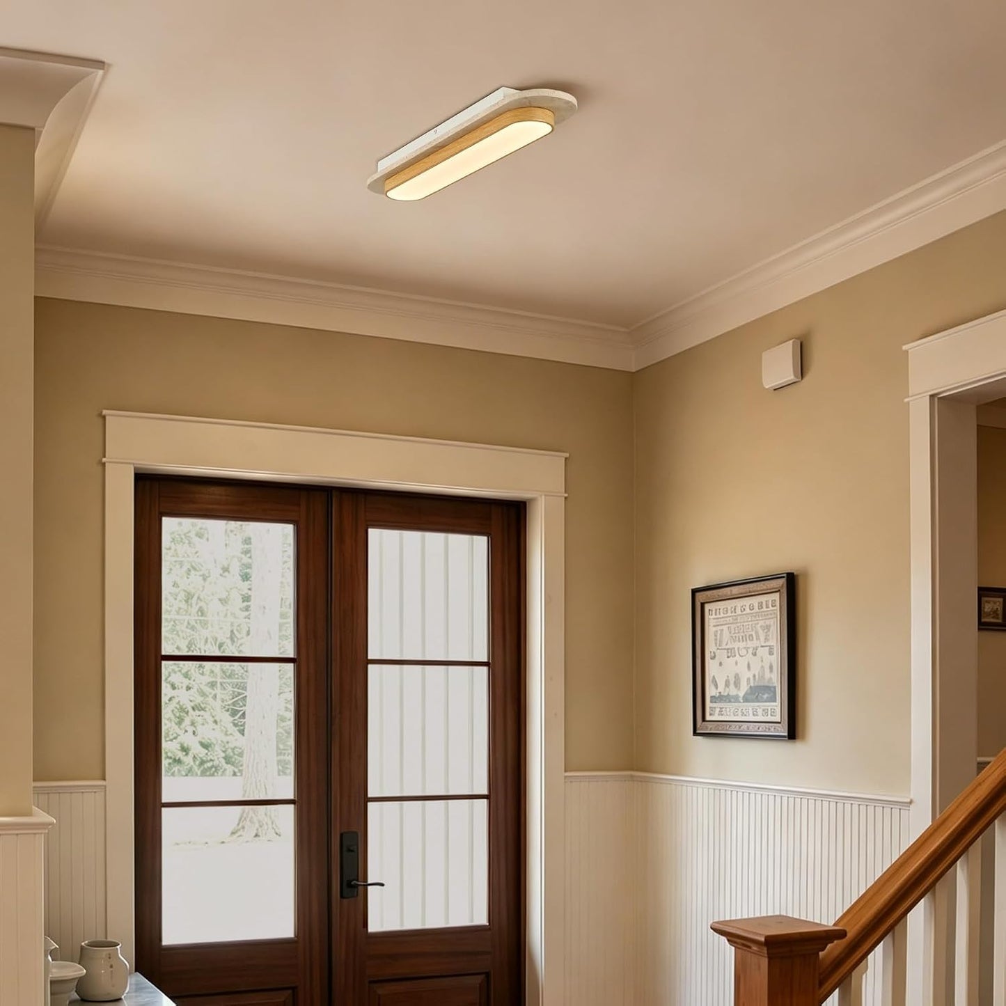 23.6 inch Wabi Sabi Travertine Ceiling Light Fixture, Natural Stone Linear Ceiling Lamp with Wood Grain Metal Frame, 3000K LED Travertine Stone Flush Mount Light for Hallway, Entrance, Corridor