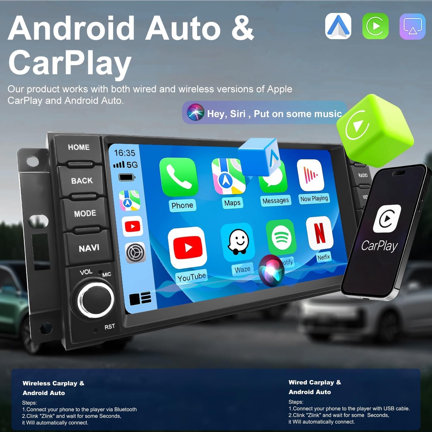Upgrade 5G WiFi Car Radio for Dodge Challenger 2008-2014, Avenger 2008-2014, Charger 2008-2010, 7 Inch Touch Screen Stereo Head Unit with Wireless Carplay Android Auto GPS Navigation FM BT SWC Camera