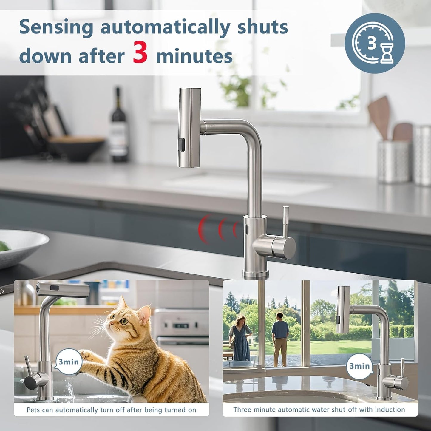 GIMILI Touchless Waterfall Kitchen Faucet with Pull Down Sprayer Brushed Nickel Single Hole Handle Stainless Steel Kitchen Sink Faucets Commercial