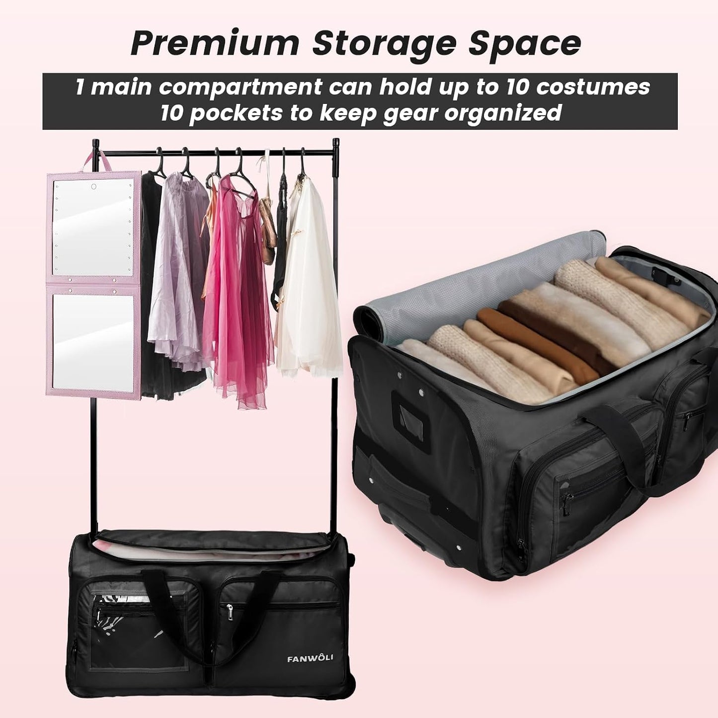 Fanwoli 23" Dance Bag with Rack and Dressing Room | Ultra-Light Collection | 360 Privacy Curtain | Ideal Competition Duffle Bag for Dancer Cheerleader Little Princess (Including Curtain) Black 23-Inch