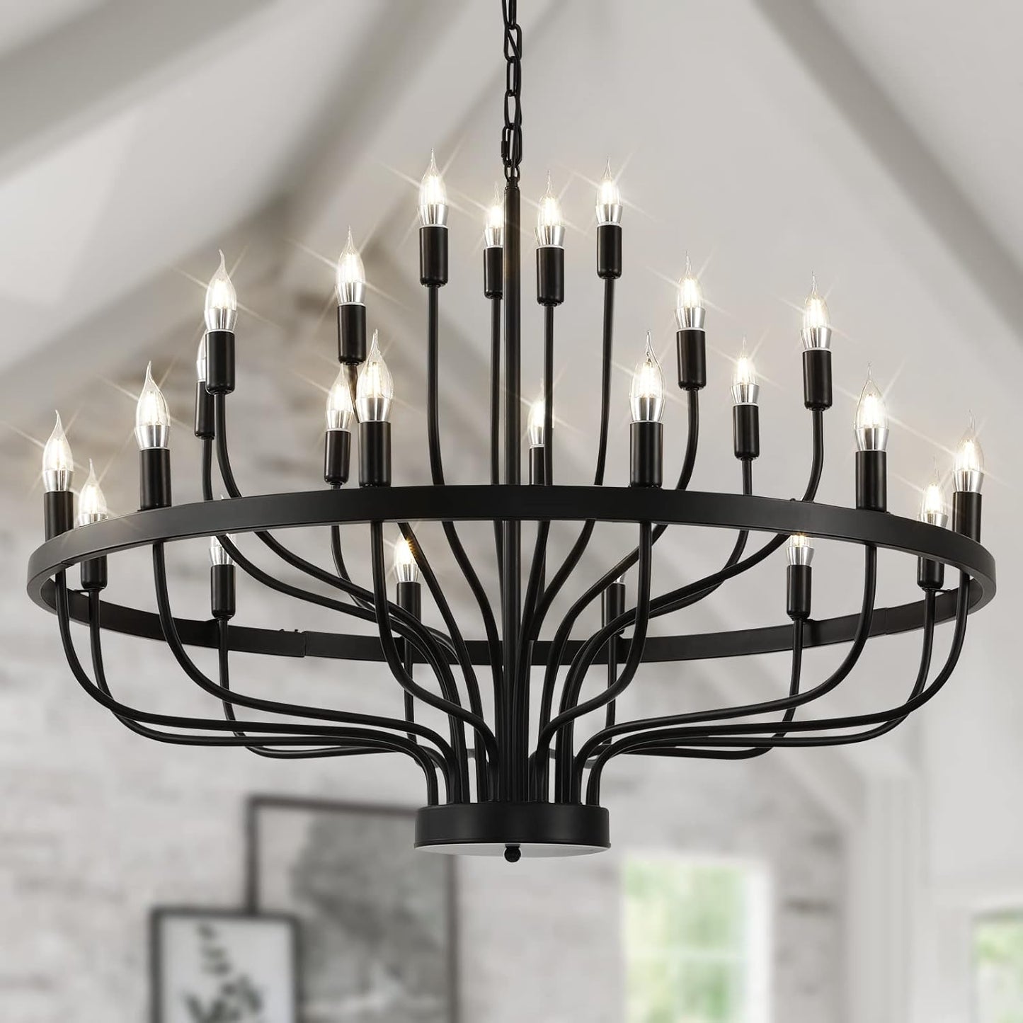 Black Chandelier 24 Light, Modern Farmhouse Chandelier for Dining Room, Round Industrial Candle Chandeliers Light, Wagon Wheel Chandelier 39in 3-Tier