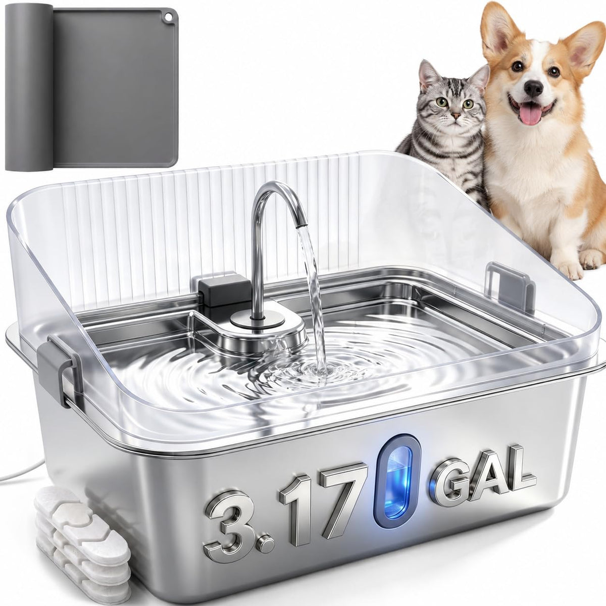 3.17 Gal Dog Water Fountain for Large Dogs, Stainless Steel Pet Water Dispenser with Splash Guard, Large Capacity, Visible Window, Quiet Pump, 3 Filters and Silicone Mat, Metallic Silver 3.17Gal Fountain & 3 Filters, Metallic Silver