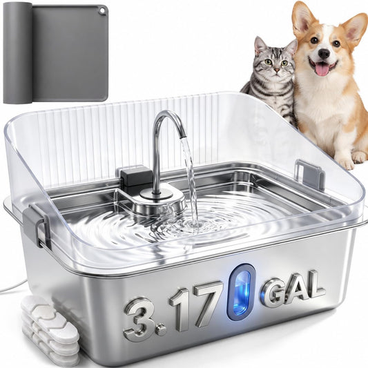 3.17 Gal Dog Water Fountain for Large Dogs, Stainless Steel Pet Water Dispenser with Splash Guard, Large Capacity, Visible Window, Quiet Pump, 3 Filters and Silicone Mat, Metallic Silver 3.17Gal Fountain & 3 Filters, Metallic Silver