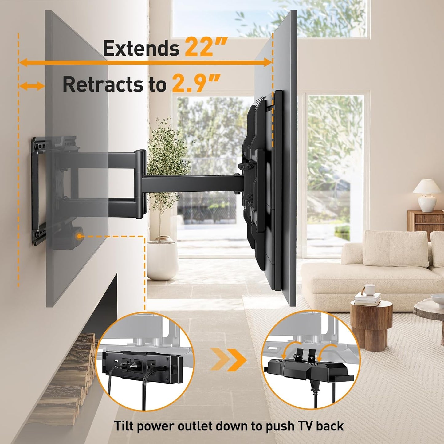 Full Motion TV Wall Mount with Power Strip for 4290 Inch TVs up to 150 lbs, Pre-Assembled TV Mount Has Smooth Swivel, Tilt, Extension, Max VESA