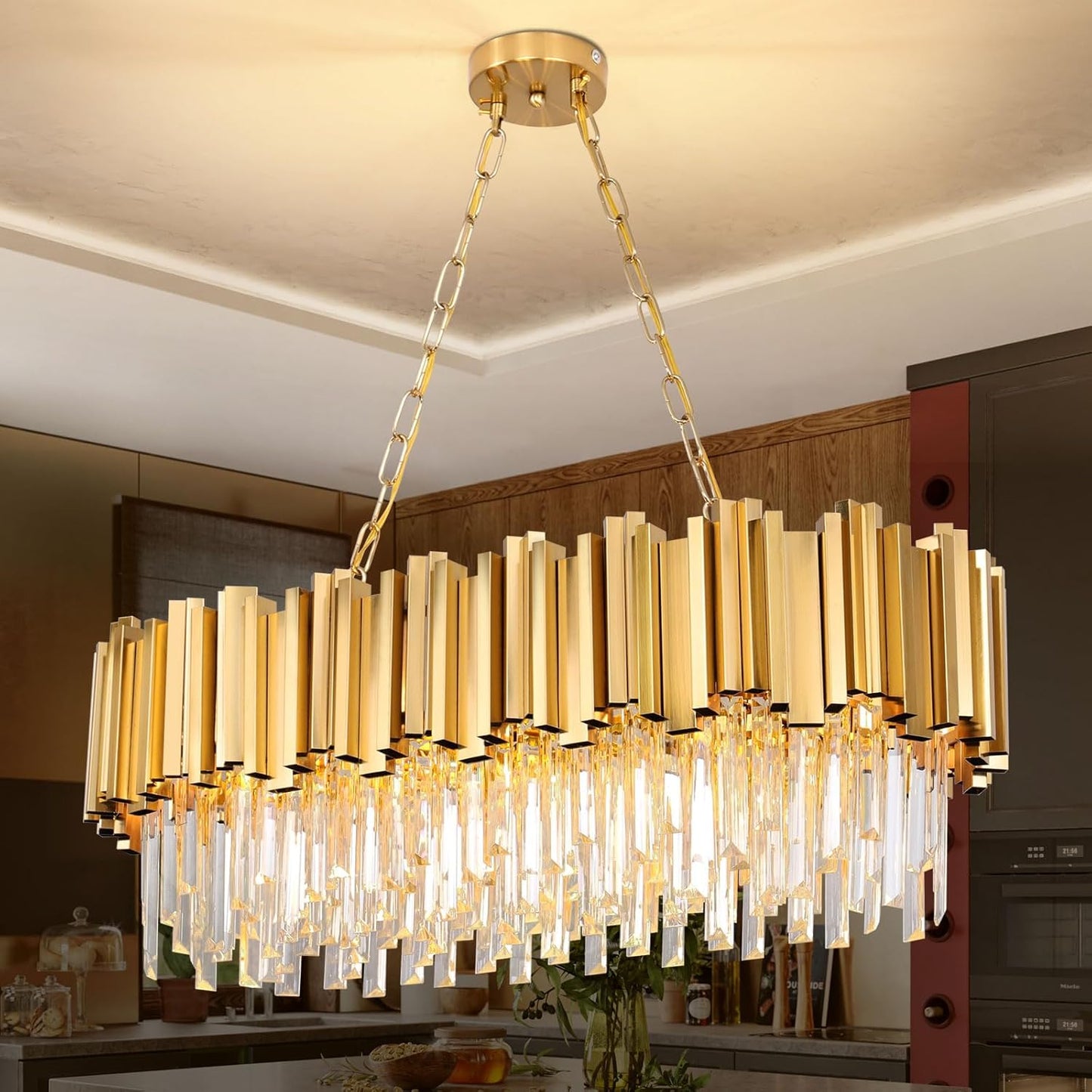 Fitsai Modern Crystal Chandelier Lighting 8 Lights Pendant Lights Fixture Island Chandeliers Ceiling Rectangle Chandelier for Dining Room Living Room