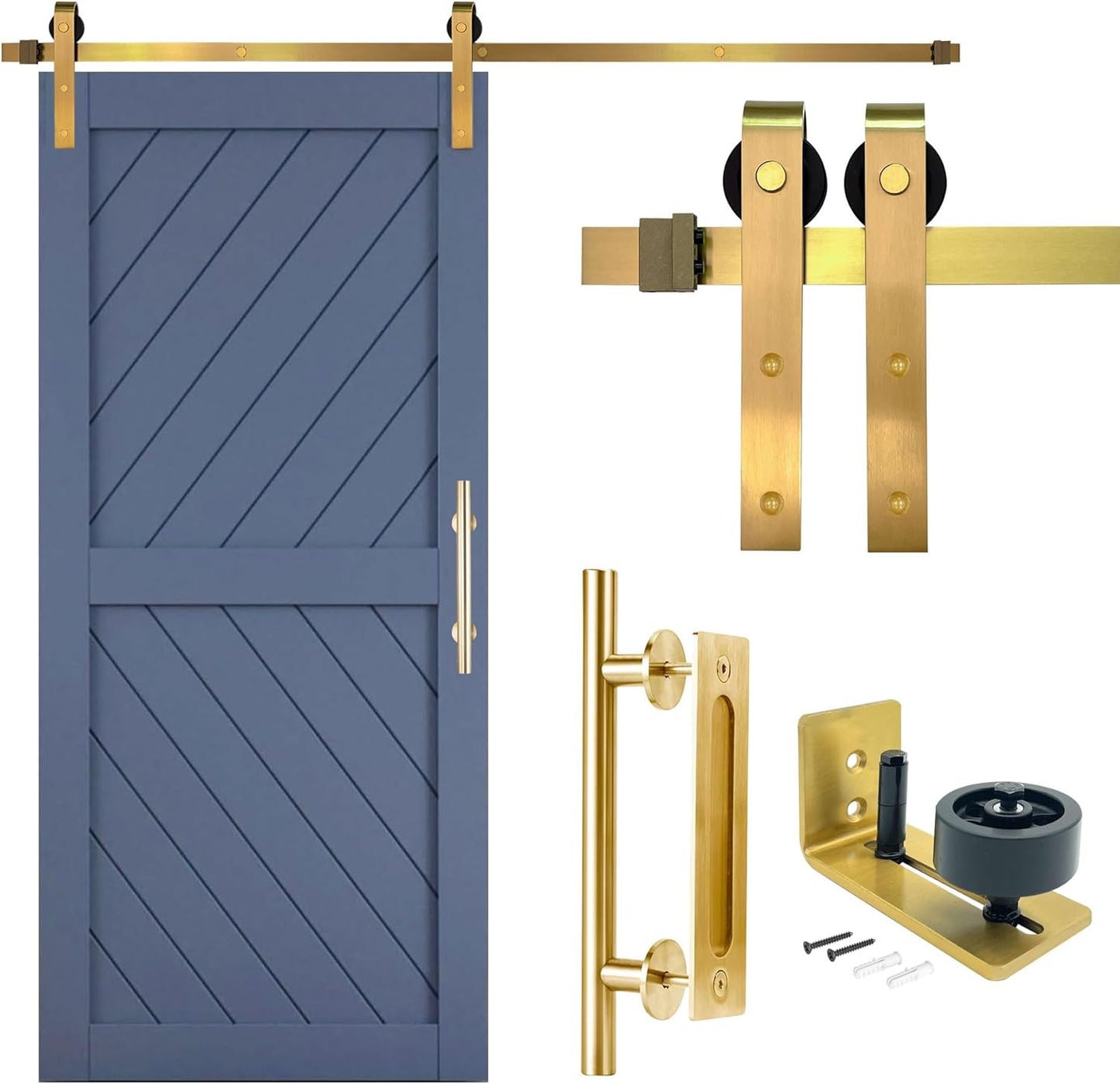 Barn Door Complete Hardware Kit 6.6 ft Sliding Door Hardware, Modern Barn Door Hardware Kit, Interior Gold Barn Door Handle, Gold Floor Guide