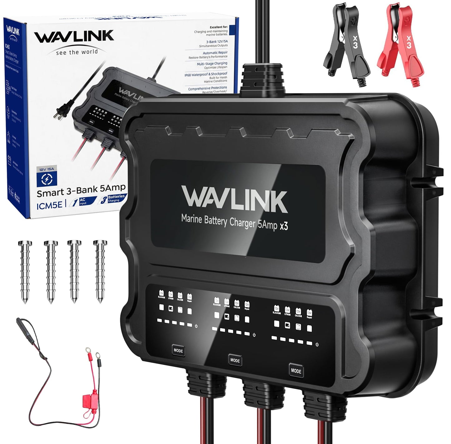 3 Bank 15A Marine Battery Charger 12V IP68 Onboard Battery Charger | 5A Per Bank, Multi-Stage Charging & Desulfating Repair, Multi-Protection, Compatible with SLA/AGM/LiFePO4/Calcium Batteries