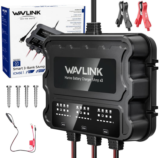 3 Bank 15A Marine Battery Charger 12V IP68 Onboard Battery Charger | 5A Per Bank, Multi-Stage Charging & Desulfating Repair, Multi-Protection, Compatible with SLA/AGM/LiFePO4/Calcium Batteries