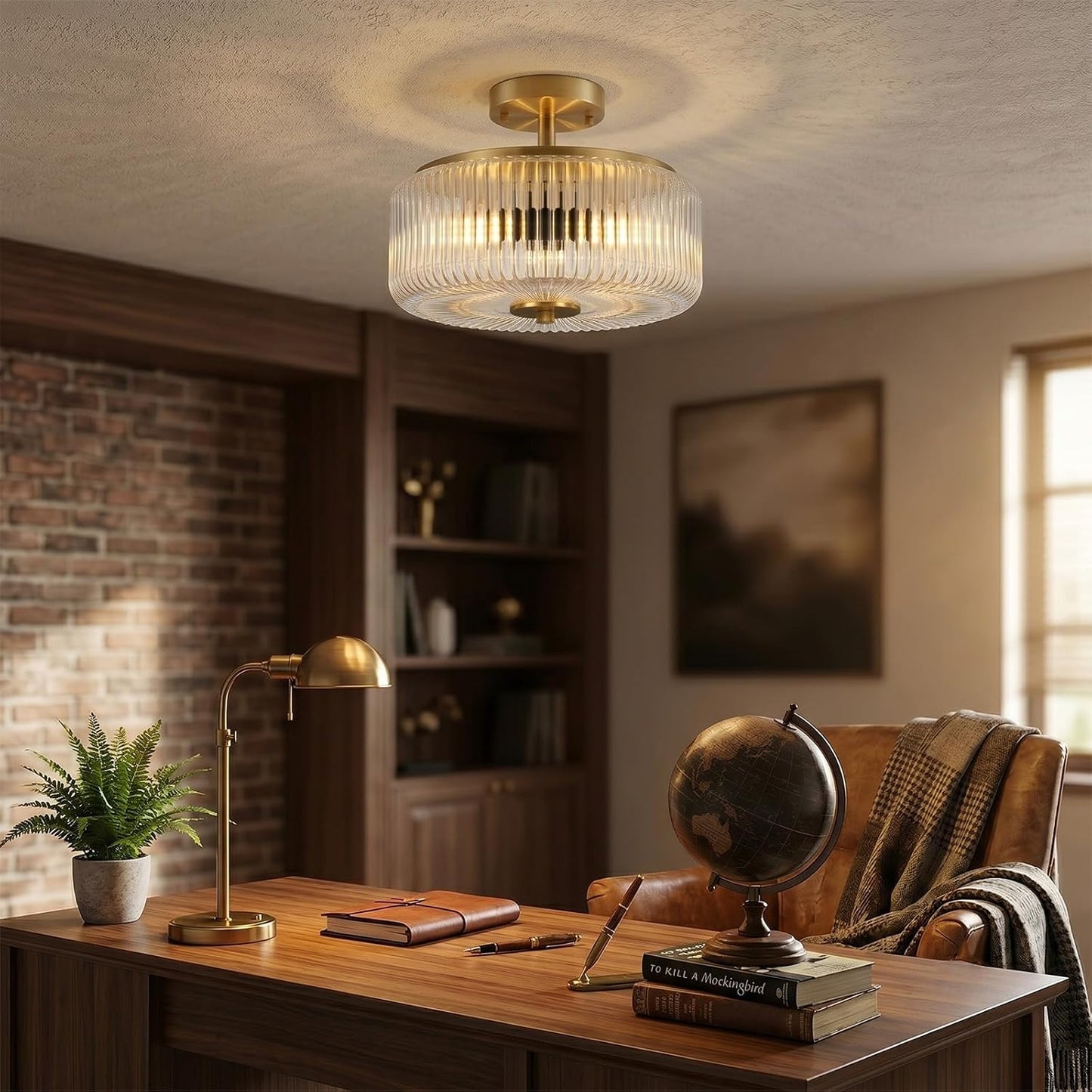 3-Light Semi Flush Mount Ceiling Light, 11.8" Modern Gold Light Fixtures Ceiling Mount with Enclosed Ribbed Clear Glass Shade, Close to Ceiling Lamp for Bedroom, Kitchen, Hallway, Entryway