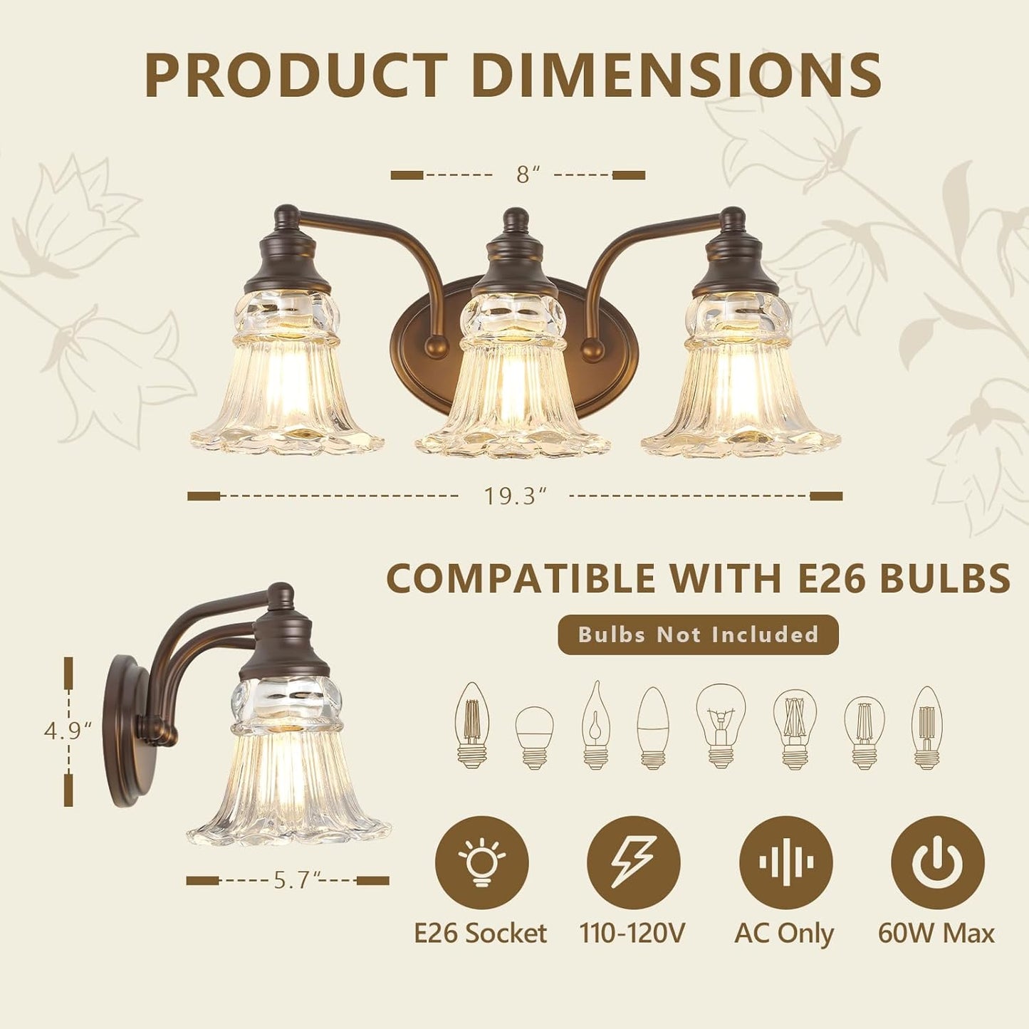 3-Light Bathroom Light Fixtures Over Mirror, Vintage Vanity Lights with Clear Floral Glass Shades, Oil Rubbed Bronze Oil-Rubbed Bronze 3-Light