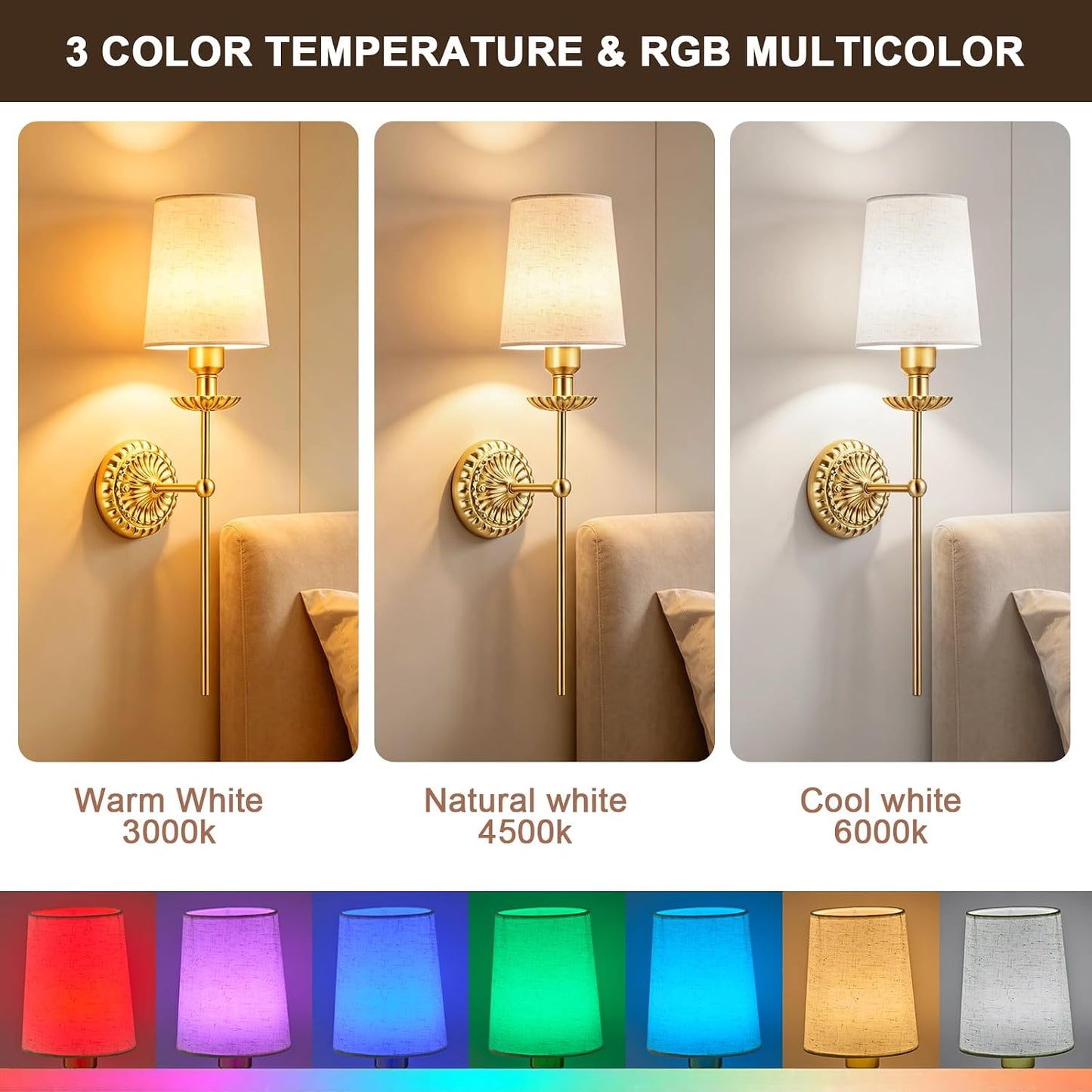 Battery Operated Wall Sconce Set of 2, Gold Wireless Wall Light 23.6 in