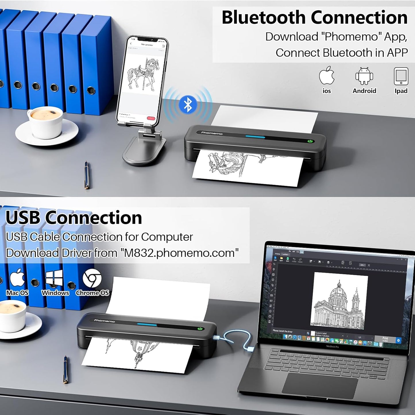 Portable Inkless Thermal Wireless (Bluetooth) Printer for Travel, M832  Support 8.5'' x 11'' Letter & A4 Paper