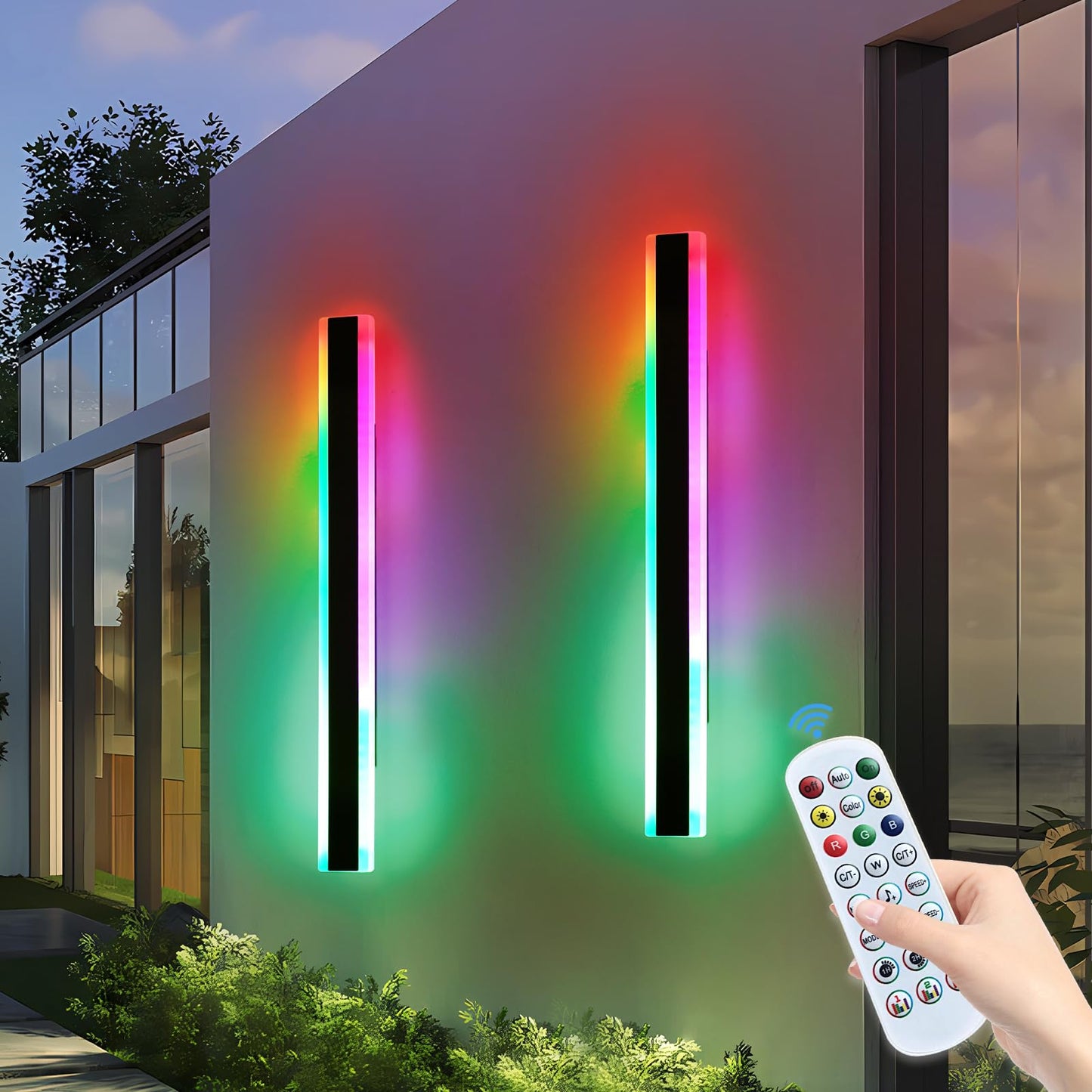 2 Pack Modern Exterior Lighting Fixtures, 39.3inch RGB LED Outdoor Wall Lights, IP65 Waterproof, Dimmable Long Linear Wall Mounted Sconce for Porch, Patio, Garage, House with Remote Control 39inch 2 Pack
