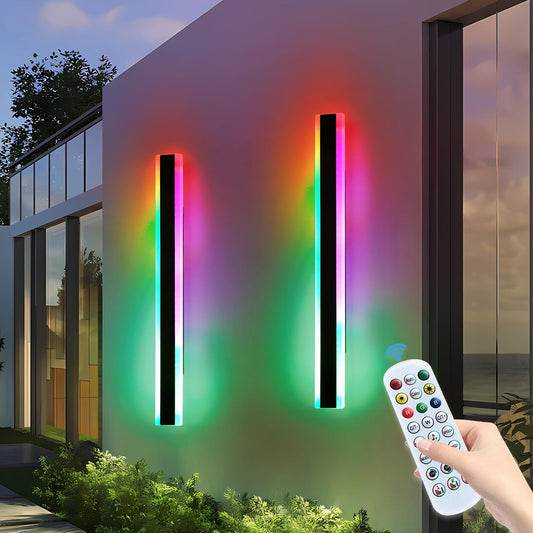 2 Pack Modern Exterior Lighting Fixtures, 39.3inch RGB LED Outdoor Wall Lights, IP65 Waterproof, Dimmable Long Linear Wall Mounted Sconce for Porch, Patio, Garage, House with Remote Control 39inch 2 Pack
