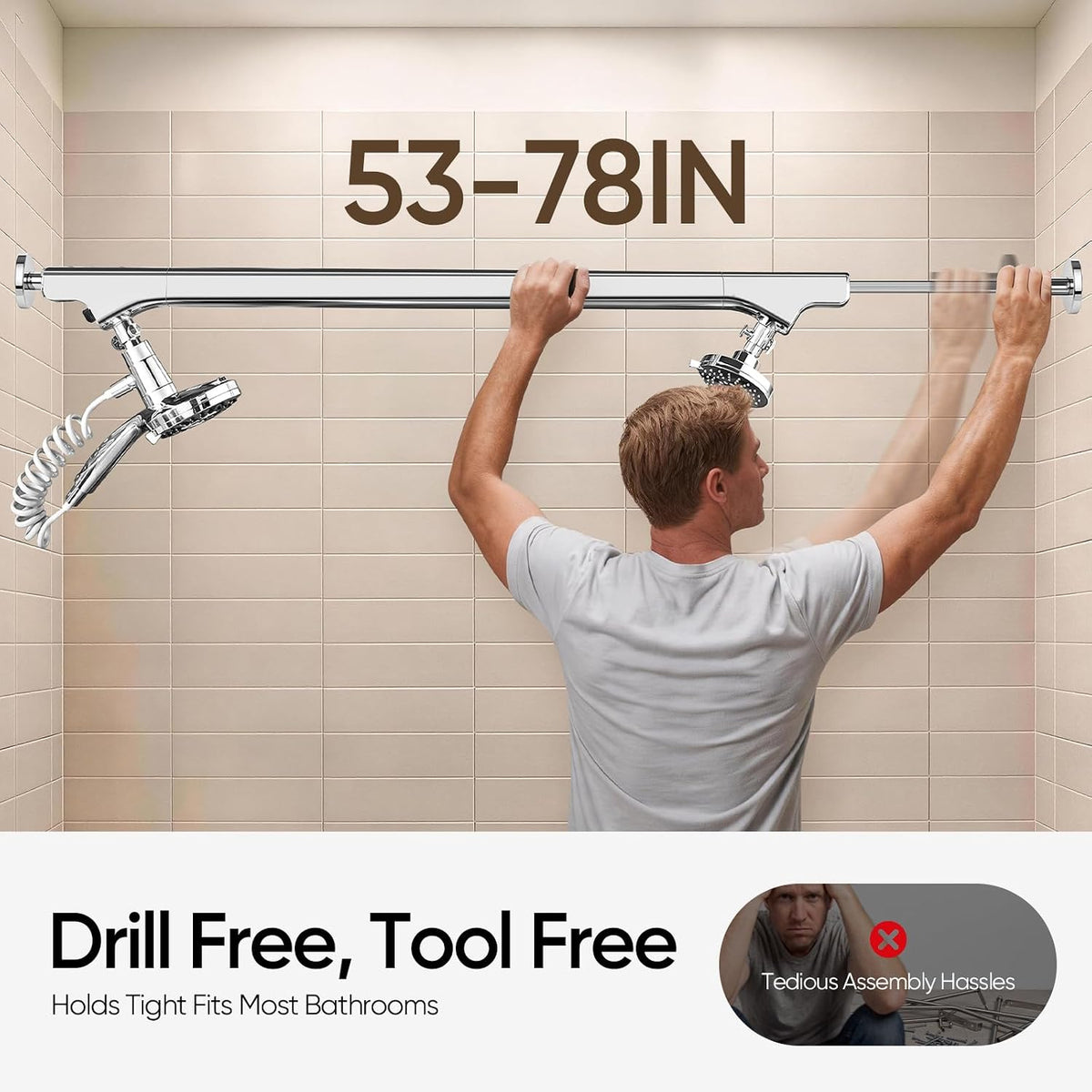 [Ondaqua] High Pressure Dual Shower Head for Couples 53-78" Adjustable Silver Chrome