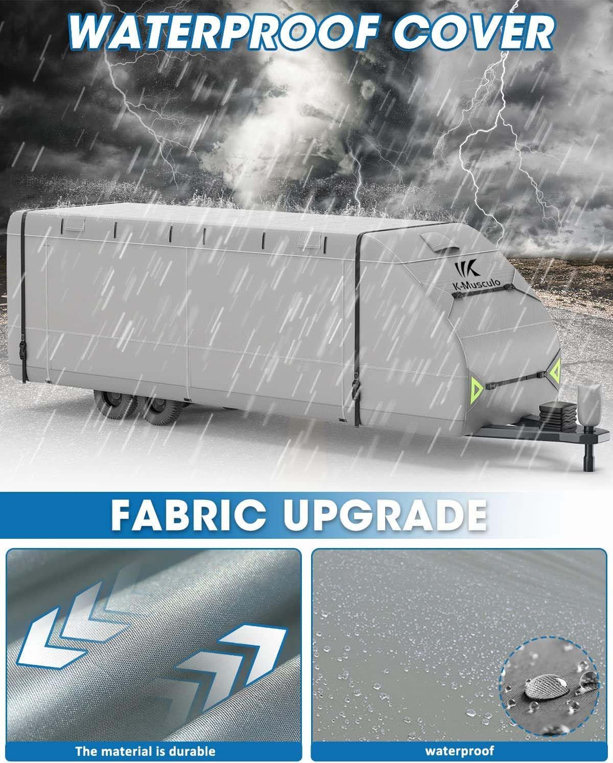 RV Cover, 17.5-19.5 FT Heavy Duty Waterproof Travel Trailer Cover with 8 Layers Corner, Windproof Camper Cover with 4 Tire Cover & Tongue Jack Cover