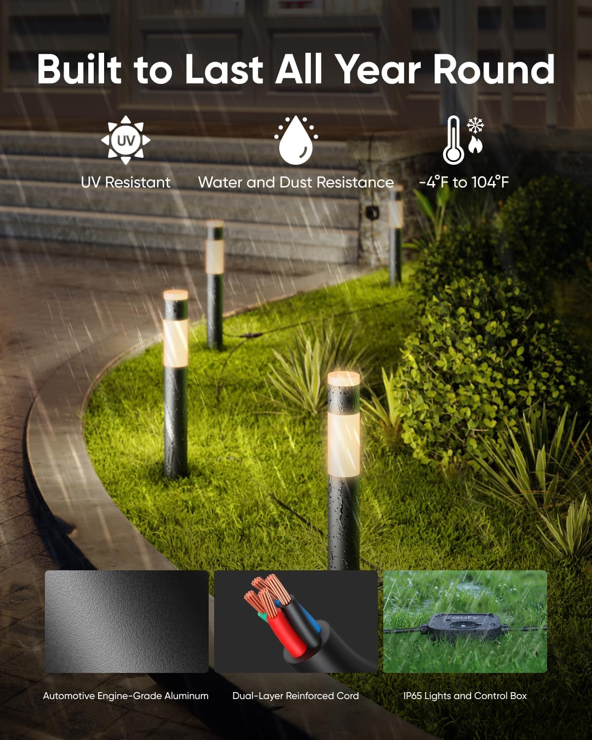 eufy Outdoor Pathway Lights E10, 4-Pack, Smart Wired RGBWW LED Landscape Lights, 350lm, IP65 Waterproof for Yard, Work with Alexa, App Control,