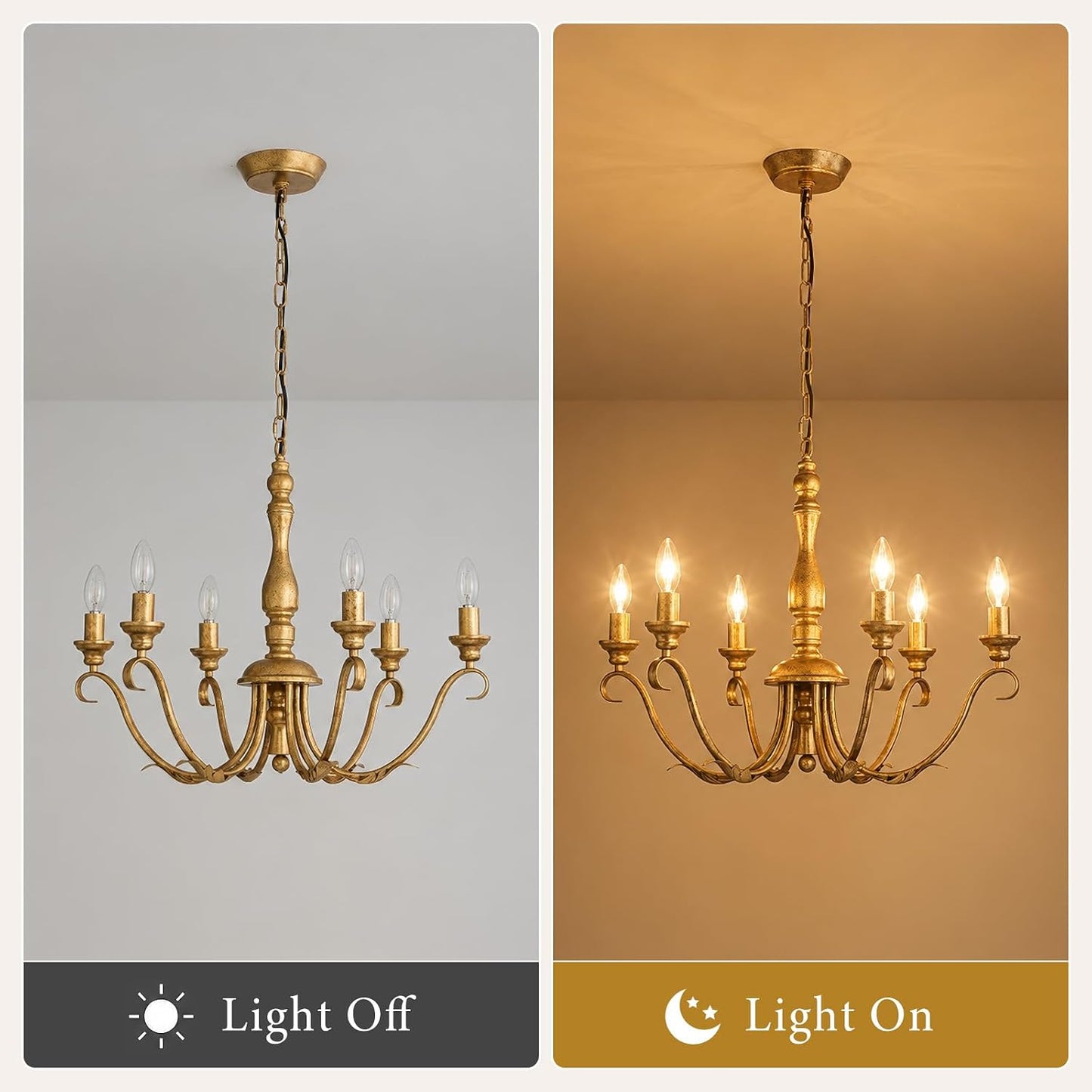 Farmhouse Vintage Antique Brass Chandelier - 6 Light Cottage Rustic Candle Chandeliers - Adjustable Chain Distressed Gold Pendant Lighting Fixture for Dining Room Living Room Kitchen Bedroom Entryway