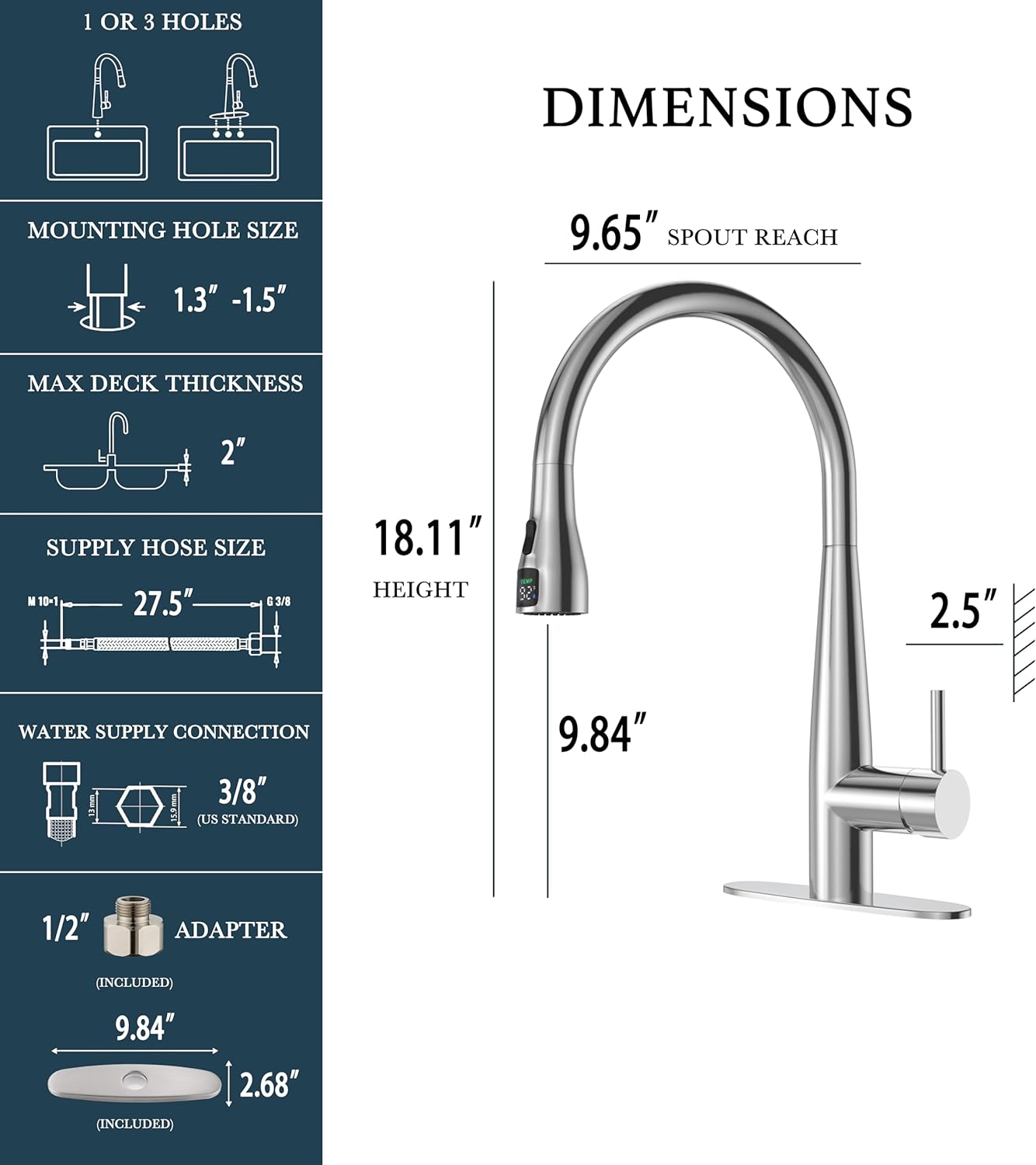 Brushed Nickel Pull Out Kitchen Faucet, Digital Temp Display,18-Inch High Arc,Stainless Steel,Kitchen Sink Faucets wit