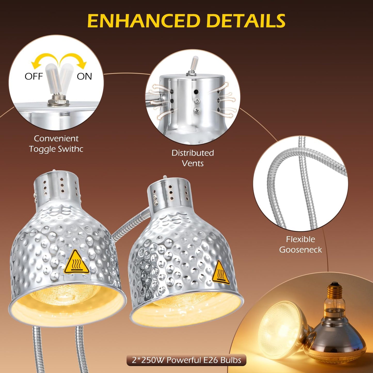 Dyna-Living Food Heat Lamp, 500W Dual-Head Commercial Food Warmer Lamp Portable Electric Heat Lamps for Food Adjustable Catering Warming Lights for Buffet Parties Restaurant Kitchen, Silver