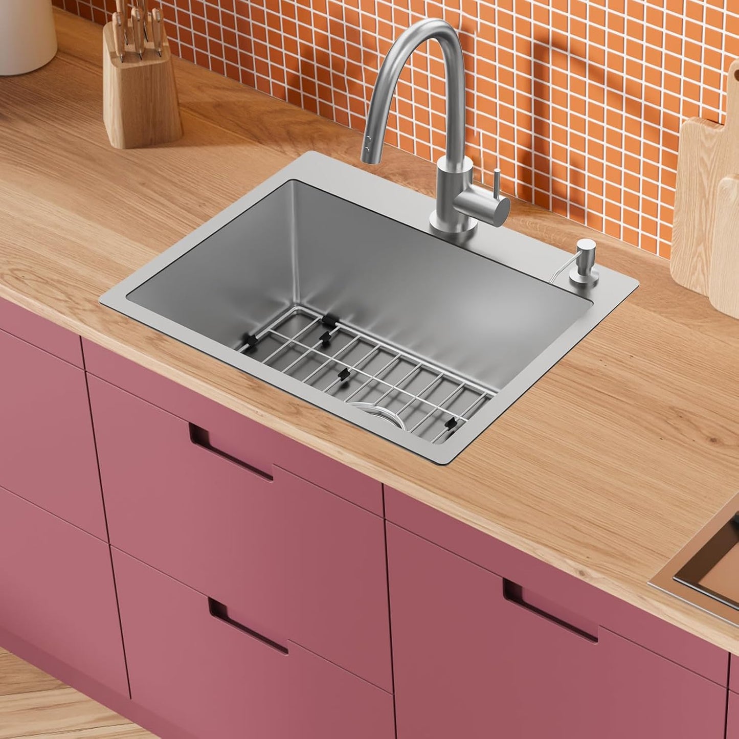 Grey Kitchen Sink, 22'x18' Bar Sink Stainless Steel Drop In Small Kitchen Sink Ideal Choice For Small Spaces Topmount Sink With Bottom Grid,Soap Mat