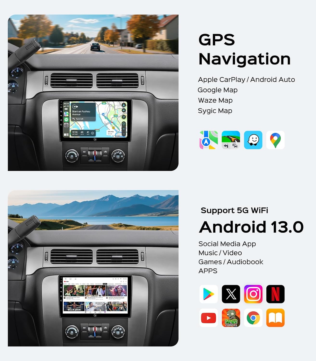 10.2'' Car Radio Stereo for Chevy Silverado 2007-2013 GMC Sierra Yukon Chevrolet Buick Enclave Wireless CarPlay & Android Auto, HD Touchscreen, Android 13, GPS Navigation, HD Backup Camera