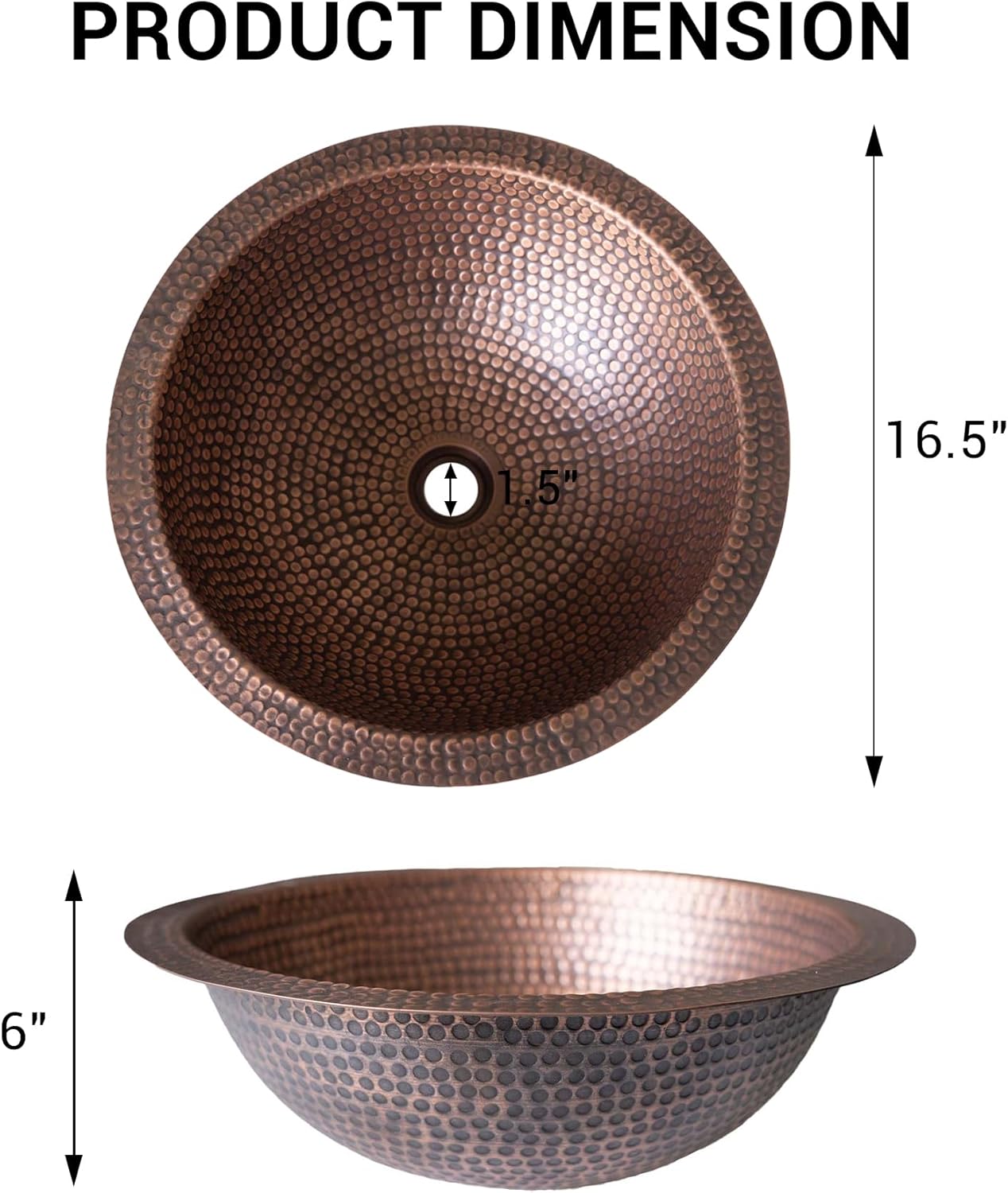 CT Copper Tailor Copper Bathroom Sink Undermount with Pop-Up Drain Stopper,Handmade,Round Shape,Heavy Hammered-Mediu