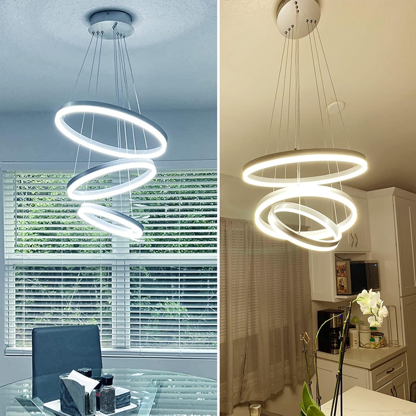 Modern LED Chandelier Dimmable 3 Ring Led Pendant Lighting with Remote Control Silver Circular Flush Mount Ceiling Light Fixture for Dining Room,