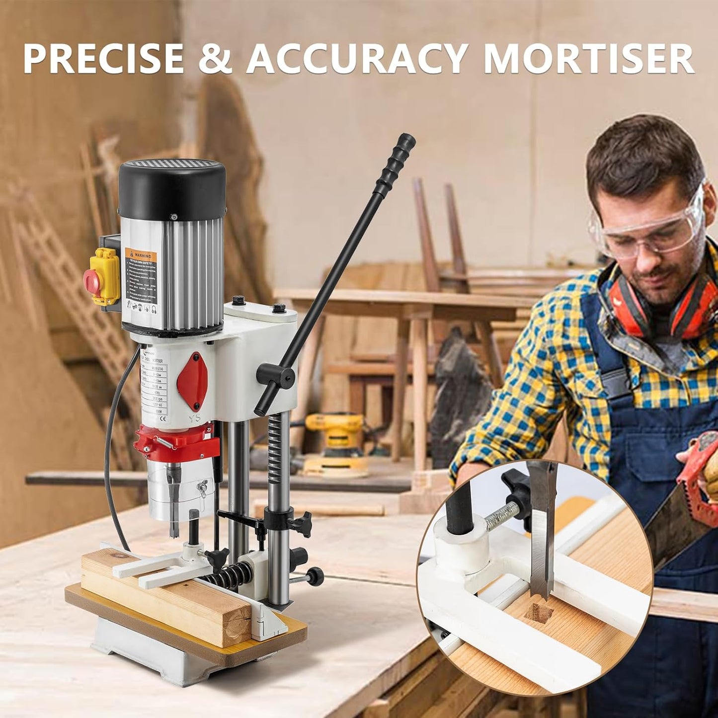 LMYYGOO Mortise Machine,3/4HP 2800RPM Mortising Machine - Powerful 110V Mortise and Tenon Machine Woodworking Tool -Benchtop Mortiser with Chisel Bit