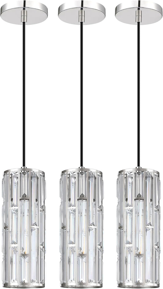 3 Pack 1 Light 4.75' Crystal Hanging Kitchen Island Pendant Light Brushed Nickel Finish,Modern Concise Pendant Fixture Crystal Metal Shade for