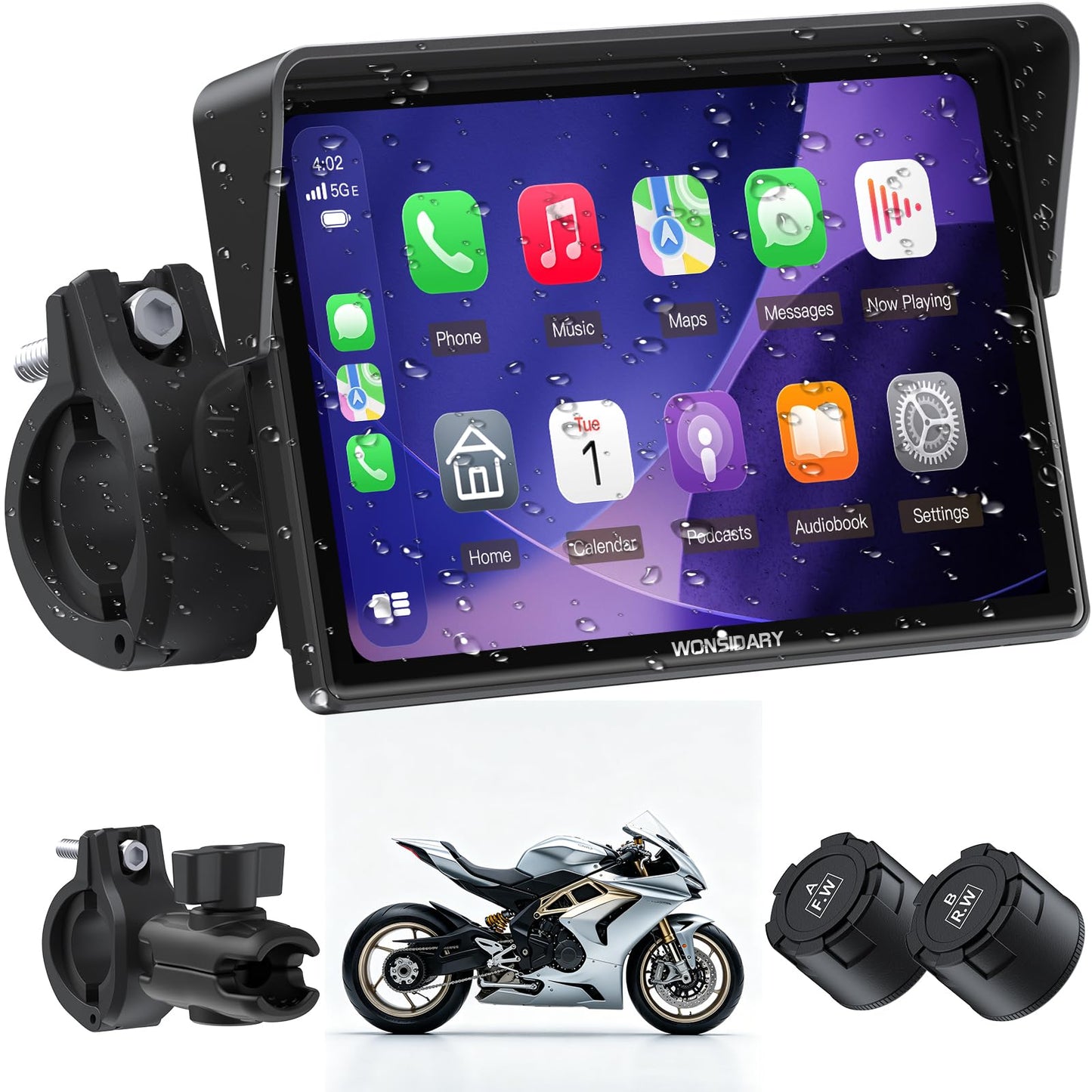5" Compact Wireless Motorcycle CarPlay & Android Auto with TPMS Screen,IP67 Waterproof IPS Touchscreen,Voice Control, Dual Bluetooth Audio,USB/Acc Power Motorcycle GPS Display for Riding 5 Inch
