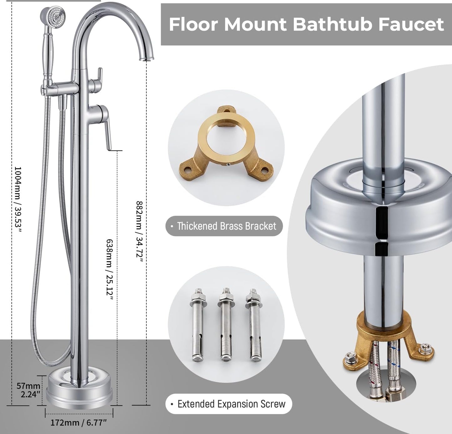 Free Standing Bathtub Faucet Brass Bathtub Faucets High Flow Soaker Tub Faucet with Vintage Handheld Sprayer Polished Chrome