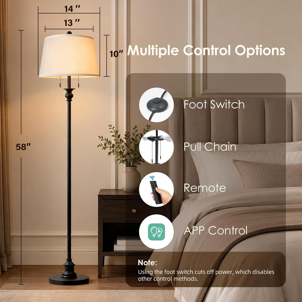58’’ Dimmable Floor Lamp, Brushed Nickel Floor Lamps, Living Room Floor Lamp 58‘’H (Picture shows matte black, refer to actual product)