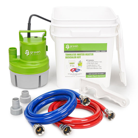 Tankless Water Heater Flushing Kit, 6-in-1 Descaling Kit with 1/3HP Utility Pump, 3-Gallon Bucket w/Lid Opener, 2×6ft 3/4" GHT Red&Blue PVC Hoses, Wrench & Adapter, for Isolation Valves