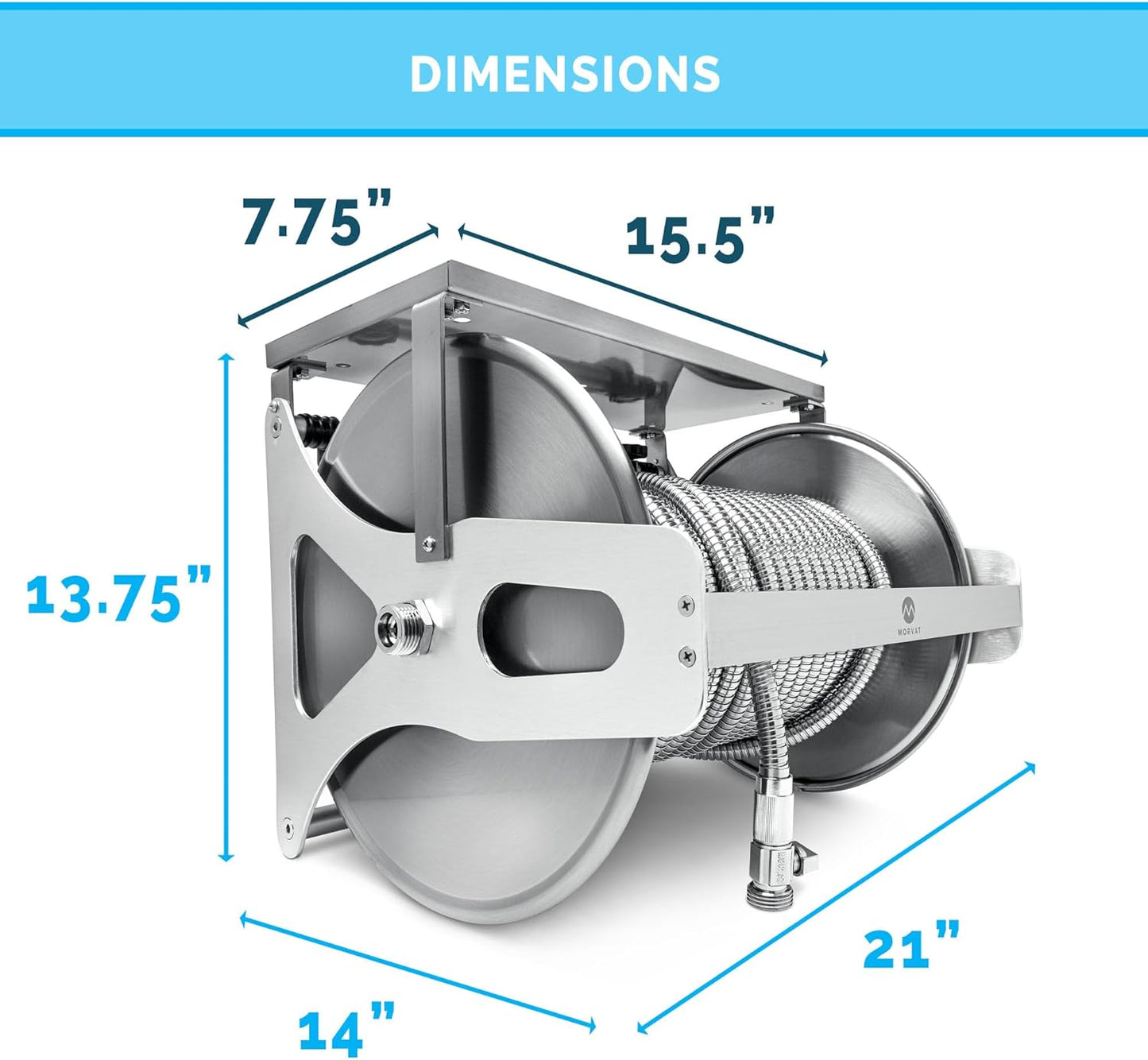 Morvat Stainless Steel Metal Water Hose Reel for 150FT Hose, Retractable Garden Holder with Storage Shelf & Crank, Wall/Floor Mount, Includes 100FT