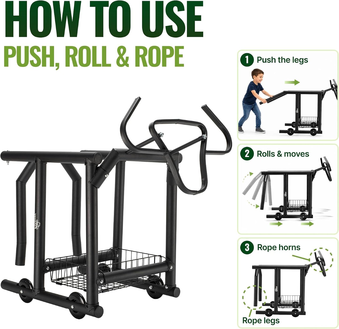 Rolling Roping Dummy for Kids and Adults, Heading and Heeling Dummy with Galvanized Steel Steer Head, Mobile Calf Practice On Wheels for Steer Roping Beginners | Helps beginners and young riders practice roping skills safely and easily