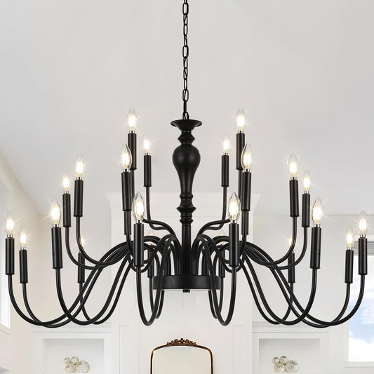 Farmhouse Dining Room Black Chandelier, Modern 24 Light Black Large Chandelier 3 Tier Design, Height Adjustable for High Ceiling Lighting Fixtures in