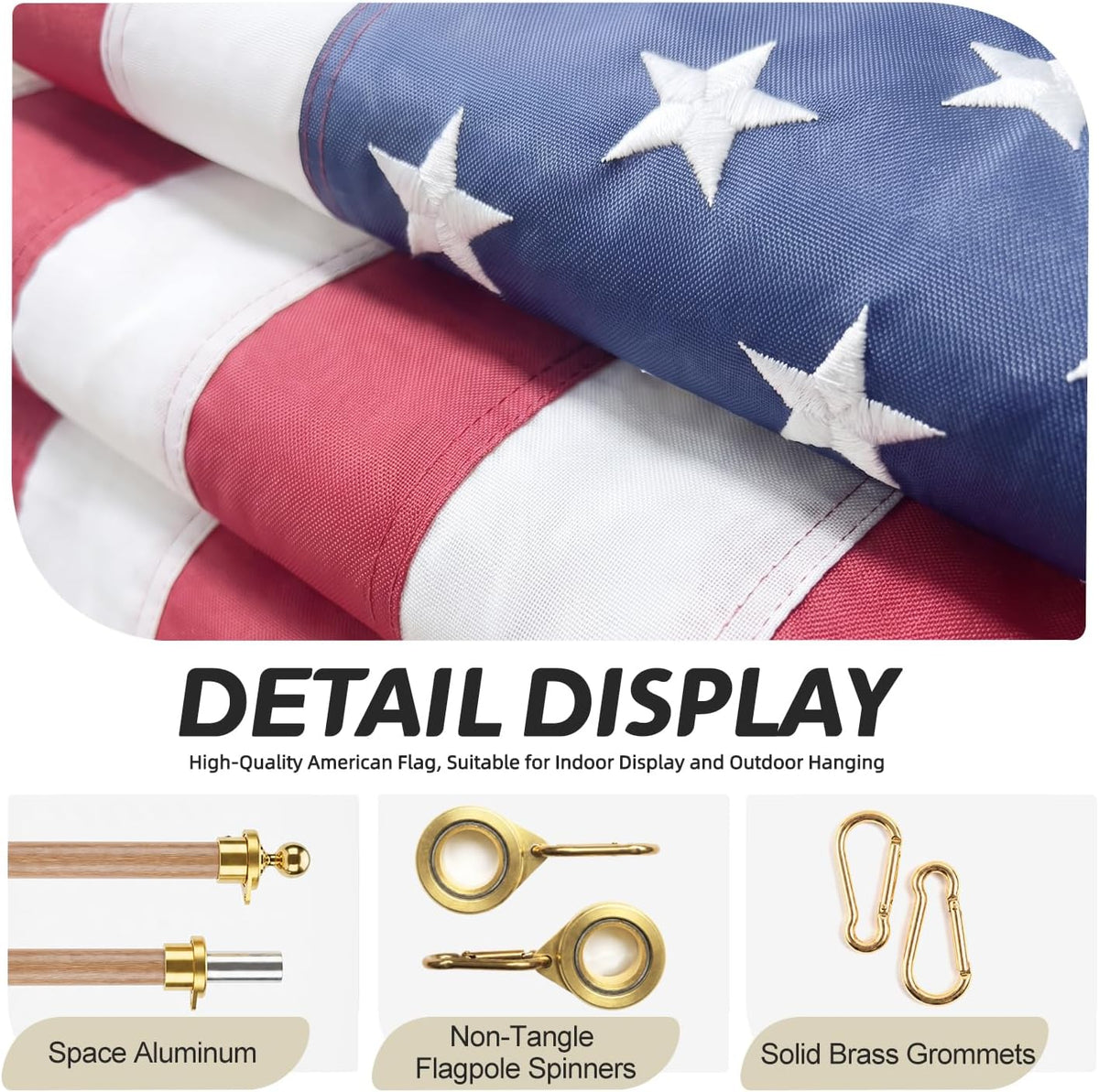 American Flags For Outside Set 3x5 Ft, Premium US Flag Made of 210D Nylon Fabric. Features aviation‑grade aluminum flagpole with wood‑grain finish, embroidered stars and hand‑stitched stripes. Sturdy & durable, fade‑resistant for all‑weather use.