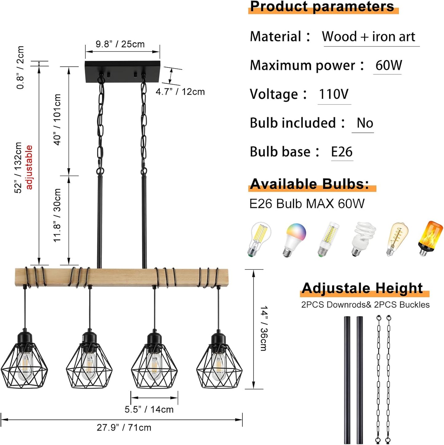 Dining Room Light Fixture Hanging for Modern Farmhouse 4-Lights Kitchen Island Lighting,Modern Chandelier Over Table Linear Chandeliers Black Rustic