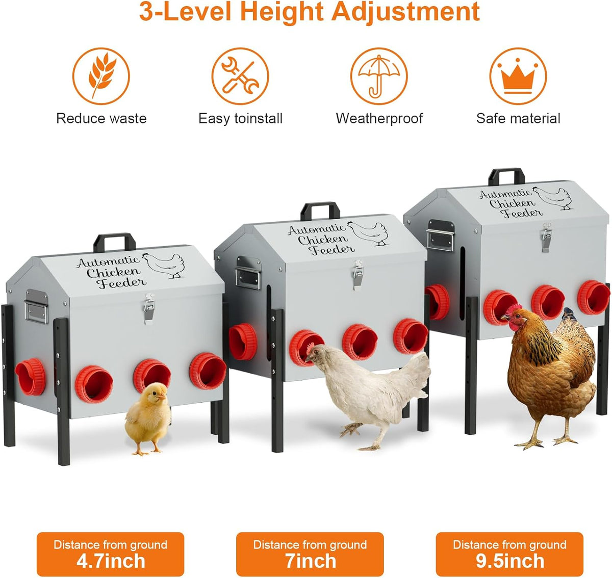 50LB Automatic Chicken Feeder with 8 Feeding Ports, No-Waste Poultry Feeder with Window, Adjustable Height, Locking Lid & Weatherproof Design for Outdoor Coop